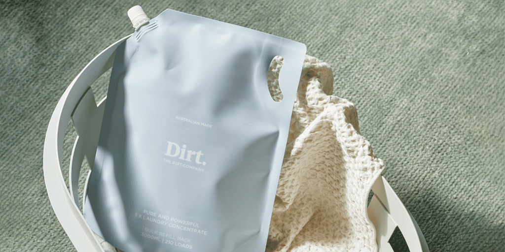 Dirt bulk refill laundry detergent in basket