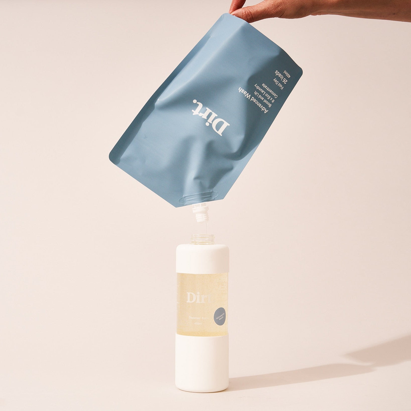 Dirt advanced wash bottle being refilled with refill pack